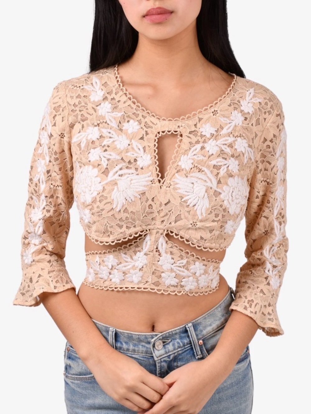 FOR LOVE AND LEMONS floral lace crop top, beige and white, size small